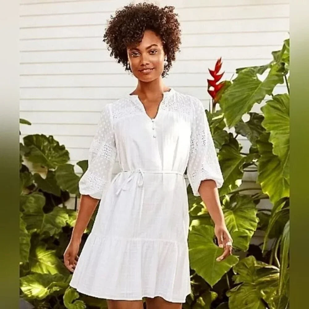 NEW NWT Ann Taylor Loft Dotted Lace Trim Flounce Swing Dress White Cotton XXS